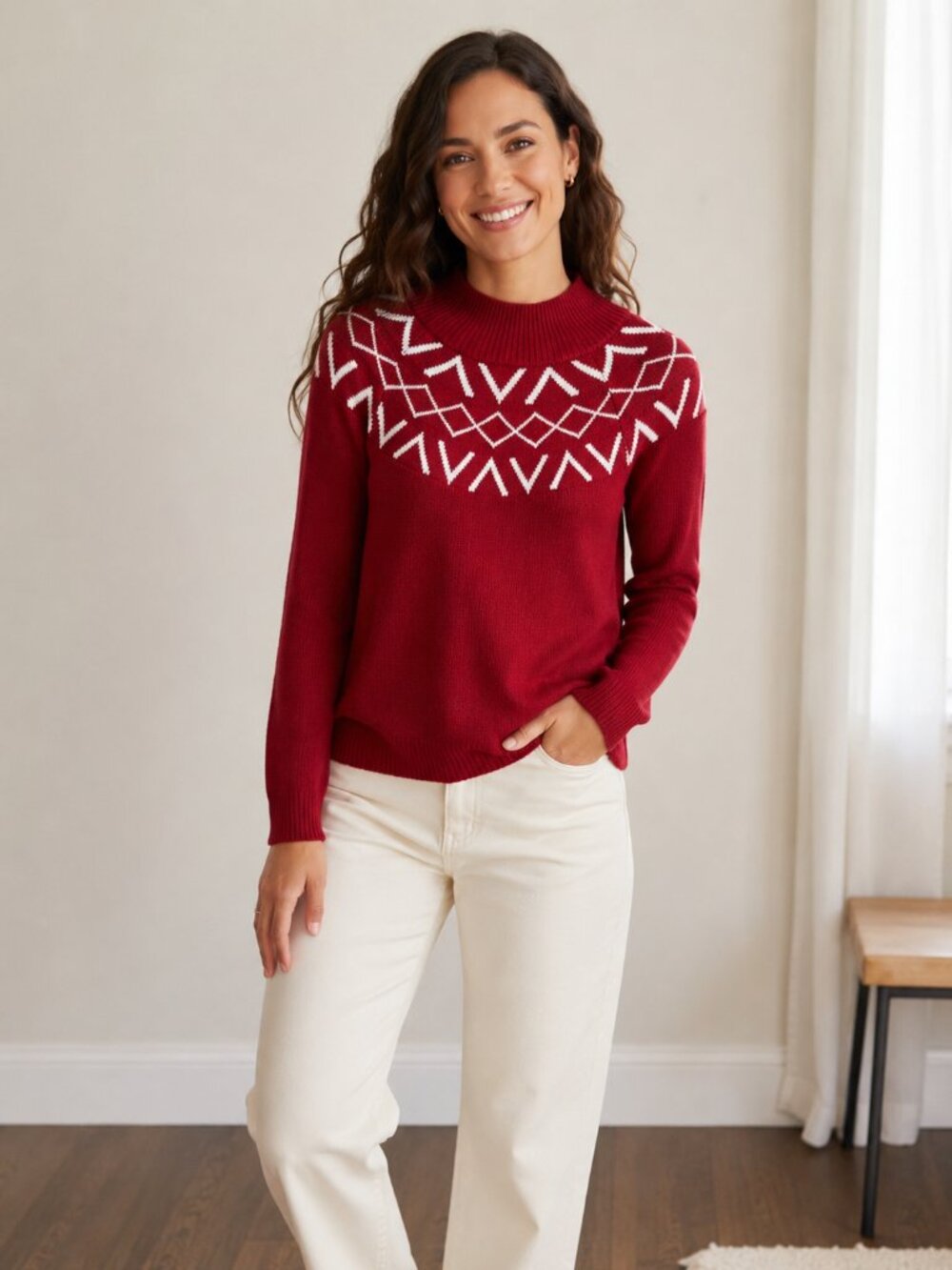Maurices Red White Geometric Fair Isle Mock Neck Sweater Size M